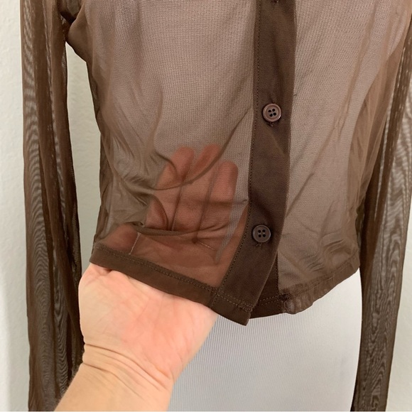 Le Lis Long sleeve semi sheer mesh collared button up chocolate brown top blouse - Picture 10 of 14